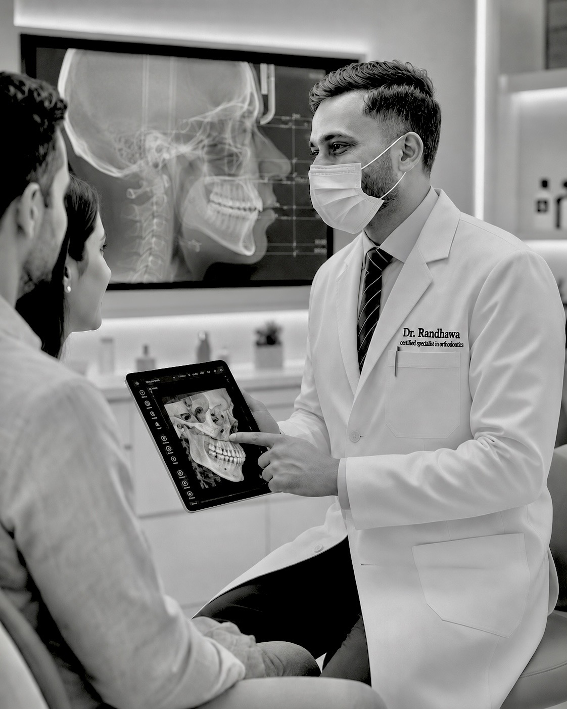Dr. Randhawa reviewing a patient's dentofacial structure on a tablet beside a cephalometric radiograph